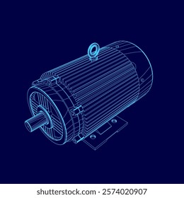 Blue drawing of a motor. The motor is shown in a 3D format. The motor is a large, powerful piece of machinery