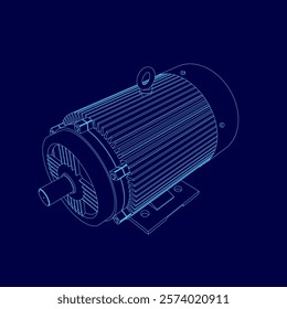 Blue drawing of a motor. The motor is shown in a 3D format. The motor is a large, powerful piece of machinery