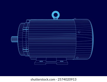 Blue drawing of a motor. The motor is shown in a 3D format. The motor is a large, powerful piece of machinery