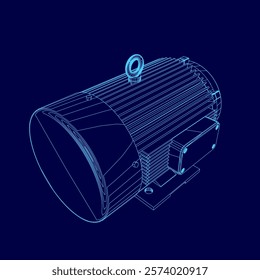 Blue drawing of a motor. The motor is shown in a 3D format, with a blue background. The motor is a large, powerful piece of machinery, and the drawing conveys a sense of strength and power