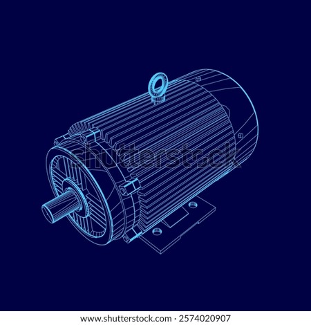 Blue drawing of a motor. The motor is shown in a 3D format. The motor is a large, powerful piece of machinery