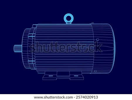 Blue drawing of a motor. The motor is shown in a 3D format. The motor is a large, powerful piece of machinery