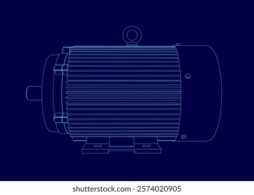 Blue drawing of a motor. The motor is shown in a blue drawing. The motor is shown in a very detailed manner