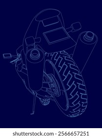 Blue drawing of a motorcycle with a seat and a exhaust pipe. The drawing is in blue and is very detailed