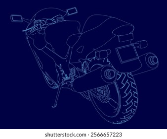 Blue drawing of a motorcycle with a seat. The motorcycle is shown in a stylized way, with the seat and handlebars being the only parts of the bike that are clearly visible