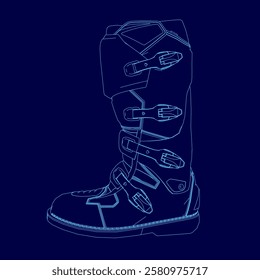 A blue drawing of a pair of boots with a sole. The boots are designed for use in the snow and are made of a waterproof material