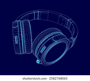 A blue drawing of a pair of headphones. The headphones are designed to be worn over the ears and have a sleek, modern look