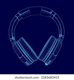 A blue drawing of a pair of headphones. The headphones are shown in a 3D perspective, with the ear cups and the headband visible. The headphones are designed to be sleek and modern