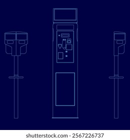 Blue drawing of a parking meter. The meter is shown in three different views, with the top view showing the meter's top and the bottom view showing the meter's bottom