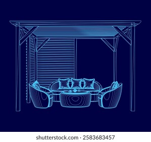 A blue drawing of a patio with a blue roof and wall. The patio has a blue color scheme and is furnished with several chairs and couches