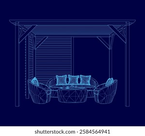 A blue drawing of a patio with a blue roof and wall. The patio has a blue color scheme and is furnished with a couch and a couple of chairs