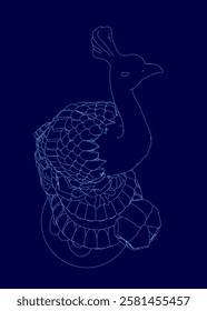 A blue drawing of a peacock with its head turned to the right. The peacock is standing on a blue background