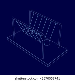 Blue drawing of a pendulum set with a blue background. The swing set is shown in a 3D format, with the chains and bars of the swings visible. Scene is playful and fun