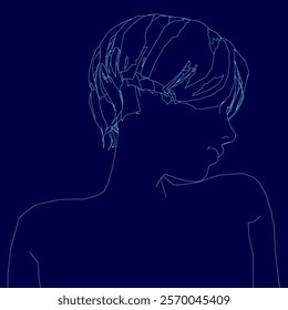 Blue drawing of a person with short hair. The drawing is in blue and is of a woman