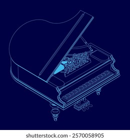 Blue drawing of a piano with a keyboard. The piano is open and the keys are visible