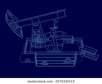 Blue drawing of a piece of machinery with a black and white outline. The drawing is of a piece of equipment that is used for drilling