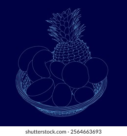 Blue drawing of a pineapple and a bunch of fruit. The pineapple is the main focus of the image, and the fruit surrounding it are all different shapes and sizes