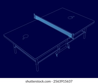 Blue drawing of a ping pong table with a net. The table is shown in a blue color scheme