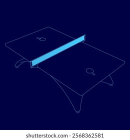 Blue drawing of a ping pong table with a blue net. The table is shown in a blue color