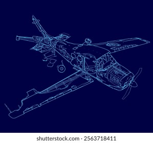 Blue drawing of a plane. The plane is shown in a close up and he is in the process of being taken apart