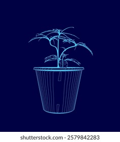 Blue drawing of a plant in a plastic container. The plant is small