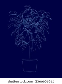 Blue drawing of a plant in a pot. The drawing is in blue and the plant is shown in a very detailed manner