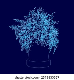 Blue drawing of a plant in a blue pot. The plant is a small bush with green leaves. The blue color scheme gives the image a calm and peaceful mood