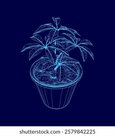 Blue drawing of a plant in a blue pot. The plant is small and has leaves