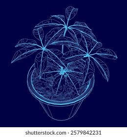 Blue drawing of a plant in a blue pot. The plant is a small, leafy plant with a stem