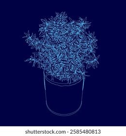 A blue drawing of a plant in a blue pot. The plant is surrounded by a blue background