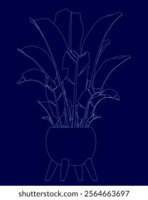 Blue drawing of a plant in a pot. The plant is tall and has many leaves. The pot is also blue and has a design on it. The drawing is of a plant that is meant to be a decoration for a room