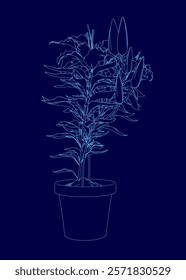 Blue drawing of a plant in a blue pot. The plant is tall and has leaves