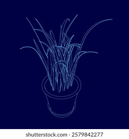 Blue drawing of a plant in a pot. The plant is tall and thin, with long leaves. The pot is small and round, and the plant is placed in the center of the image