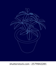 Blue drawing of a plant in a blue vase. The plant is in the foreground and the vase is in the background
