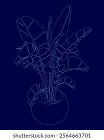 Blue drawing of a plant in a vase. The drawing is of a plant with long green leaves and a stem