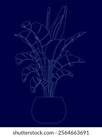 Blue drawing of a plant in a vase. The drawing is of a plant with a stem and leaves