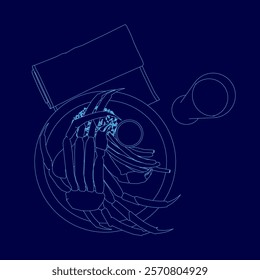 Blue drawing of a plate of food with a crab on it. The crab is surrounded by a bunch of food, including a cup and a book. Scene is lighthearted and playful