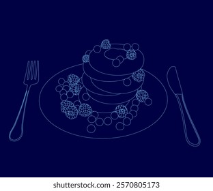 Blue drawing of a plate of food with a fork and knife on it. The plate has a stack of pancakes with berries on top