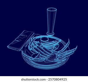 Blue drawing of a plate of food with a glass of beer on top. The plate has a few pieces of food, including some shrimp and a couple of carrots. Scene is casual and relaxed