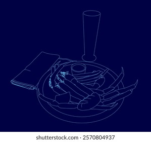 Blue drawing of a plate of food with a glass of beer on top. The plate has a few pieces of food, including some shrimp and a couple of carrots. Scene is casual and relaxed