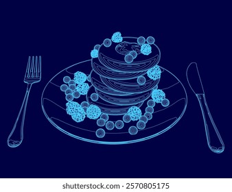 Blue drawing of a plate of pancakes with berries and a fork and knife. Scene is light and playful, as it is a cartoonish representation of a breakfast meal