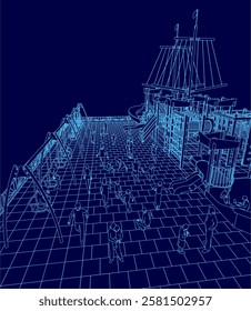 A blue drawing of a playground with a large group of people walking around. Scene is lively and bustling, with people going about their daily lives
