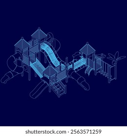 Blue drawing of a playground with a slide and a jungle gym. The playground is designed to be fun and exciting for children