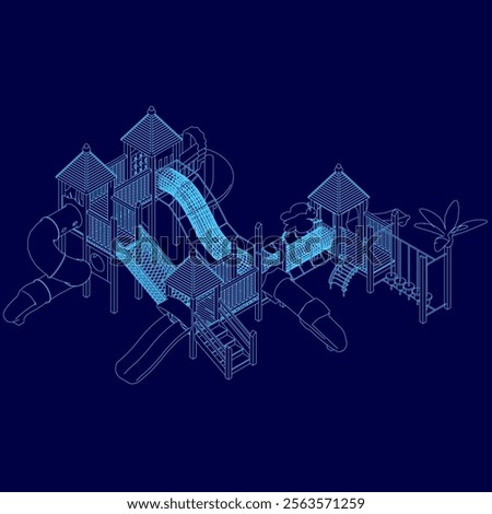 Blue drawing of a playground with a slide and a jungle gym. The playground is designed to be fun and exciting for children