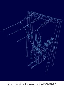 Blue drawing of a power line with a power station in the middle. The drawing is in blue and is very detailed