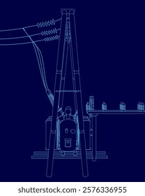 Blue drawing of a power line with a power station in the middle. The drawing is in blue and is very detailed