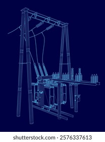 Blue drawing of a power line with a power station in the background. The drawing is in blue and has a moody, mysterious feel to it