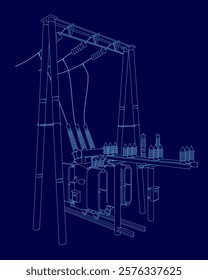 Blue drawing of a power line with a power station in the background. The drawing is in blue and is very detailed