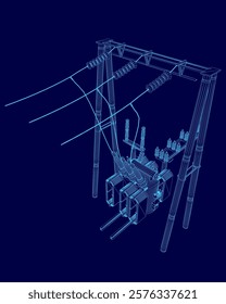 Blue drawing of a power line with a transformer. The drawing is in a 3D format