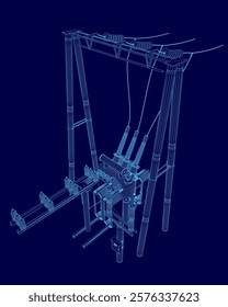 Blue drawing of a power line. The drawing is in blue and is very detailed